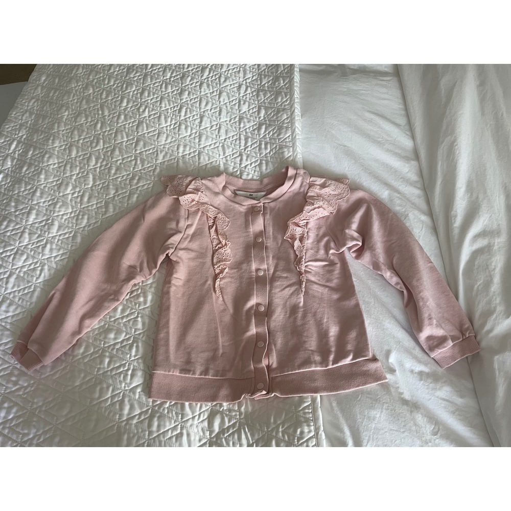 H&M Cardigan Sweatshirt Pink Ruffle Eyelet Lace Snap Front Girls Size 8-10